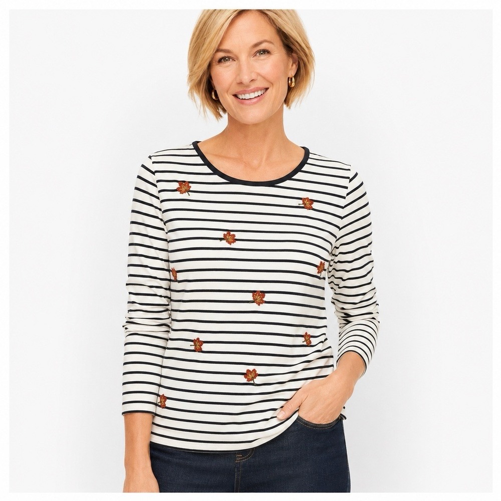 Talbots Embroidered Long Sleeve T-Shirt Womens L Nautical Stripe Floral Cotton